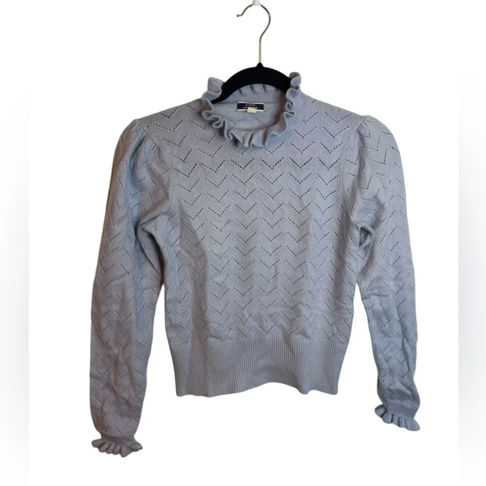 J.Crew Shale Blue Cashmere Pointelle Ruffle Mock Neck Sweater
